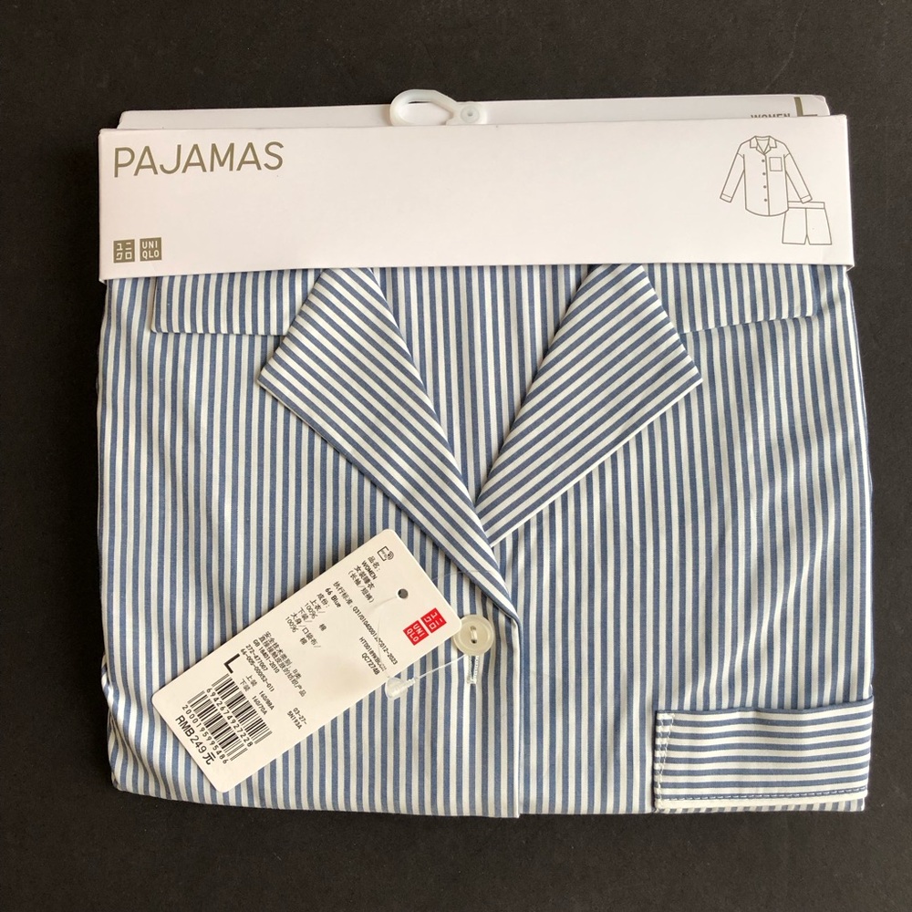 Uniqlo Blue & White Striped Pajama Set 100% Cotton Long Sleeve Shorts Size L NWT